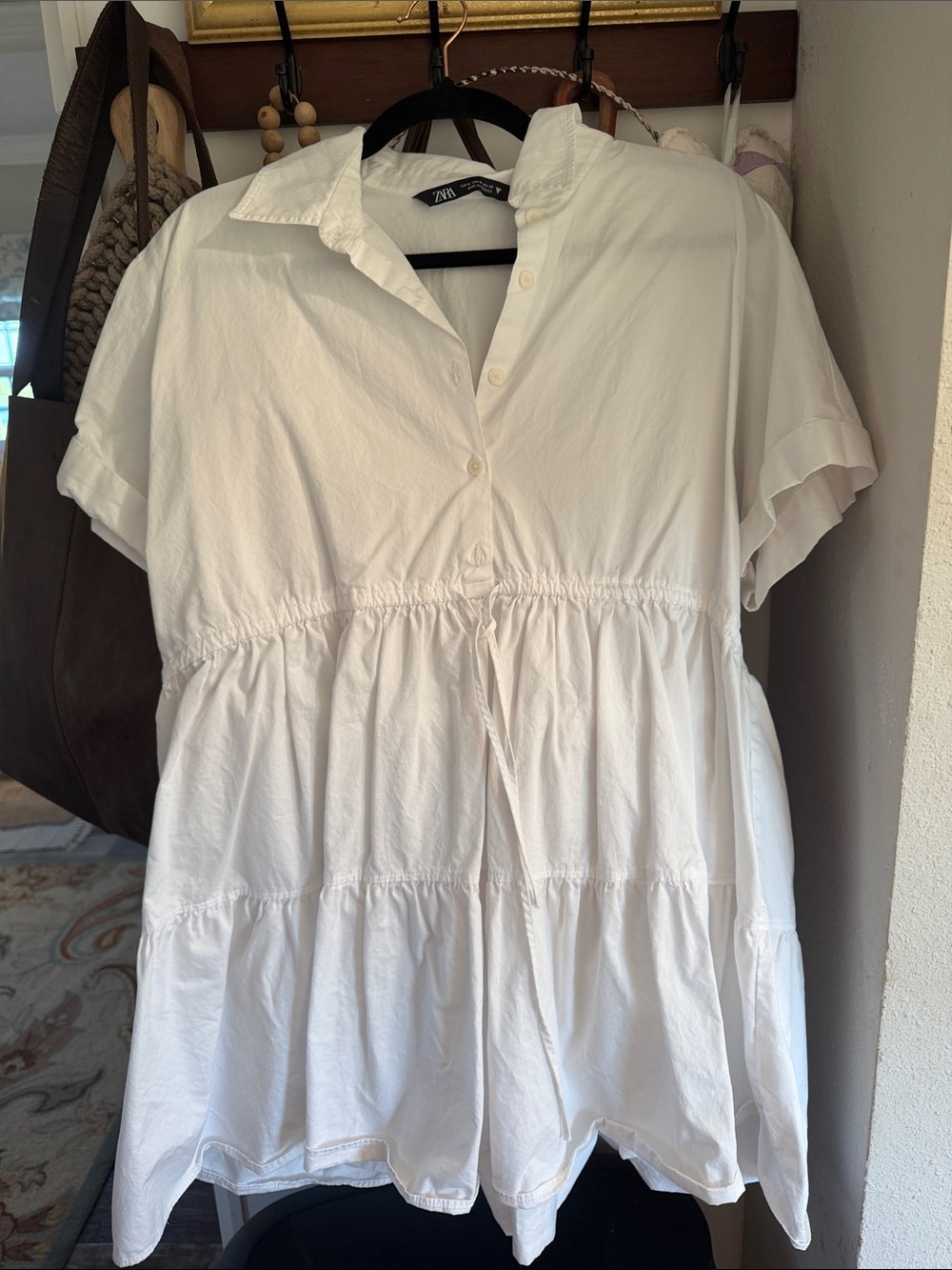 Zara White Short-Sleeve Poplin Drawstring Peplum Tunic